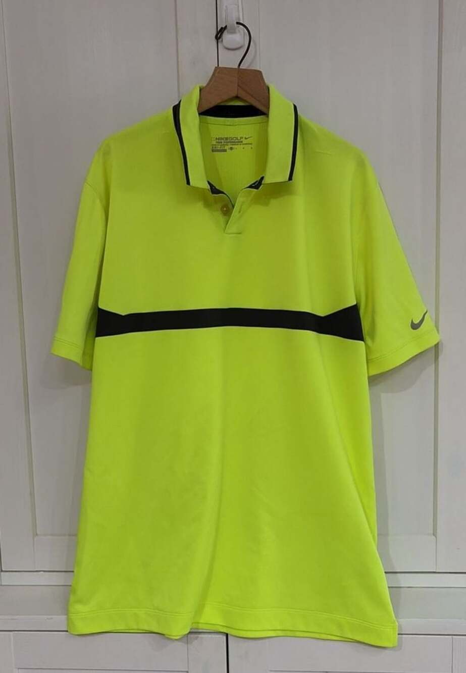 Nike Golf Dri-FIT Tour Performance Volt Yellow Black Chest Stripe Polo Shirt L
